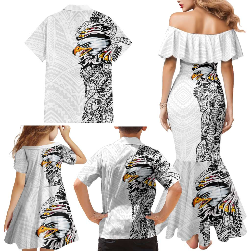 American Samoa Flag Day Family Matching Mermaid Dress and Hawaiian Shirt Tribal Tattoo with Eagle White