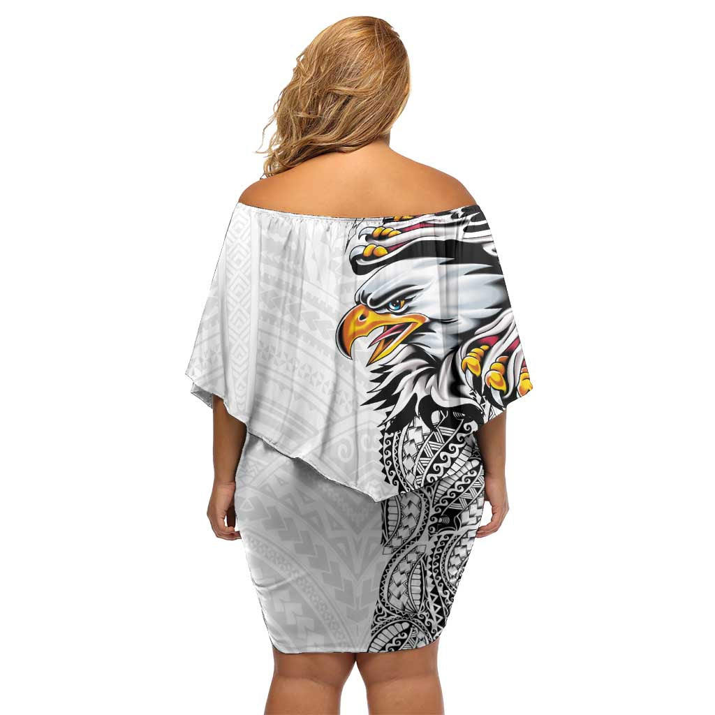 American Samoa Flag Day Family Matching Off Shoulder Short Dress and Hawaiian Shirt Tribal Tattoo with Eagle White