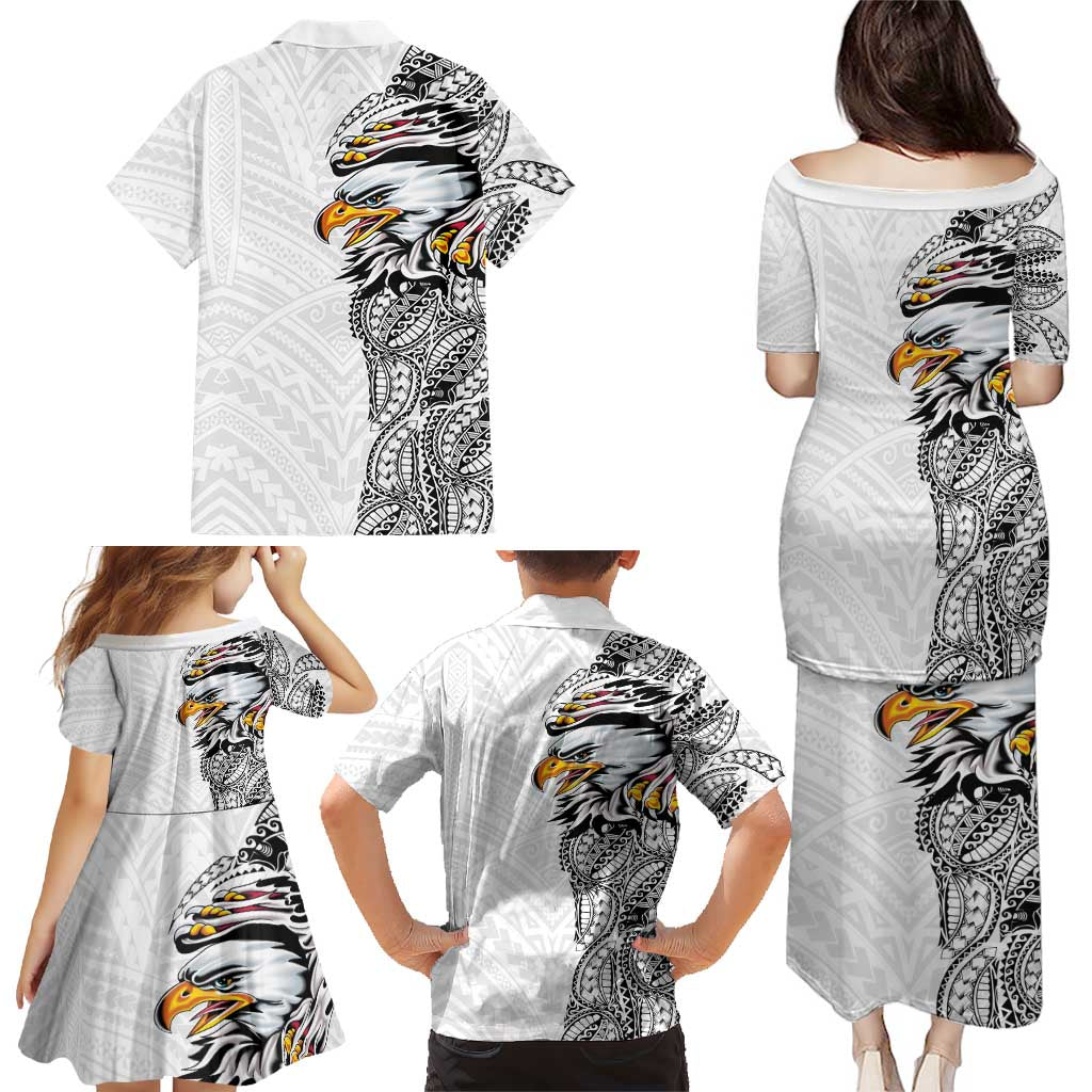 American Samoa Flag Day Family Matching Puletasi and Hawaiian Shirt Tribal Tattoo with Eagle White