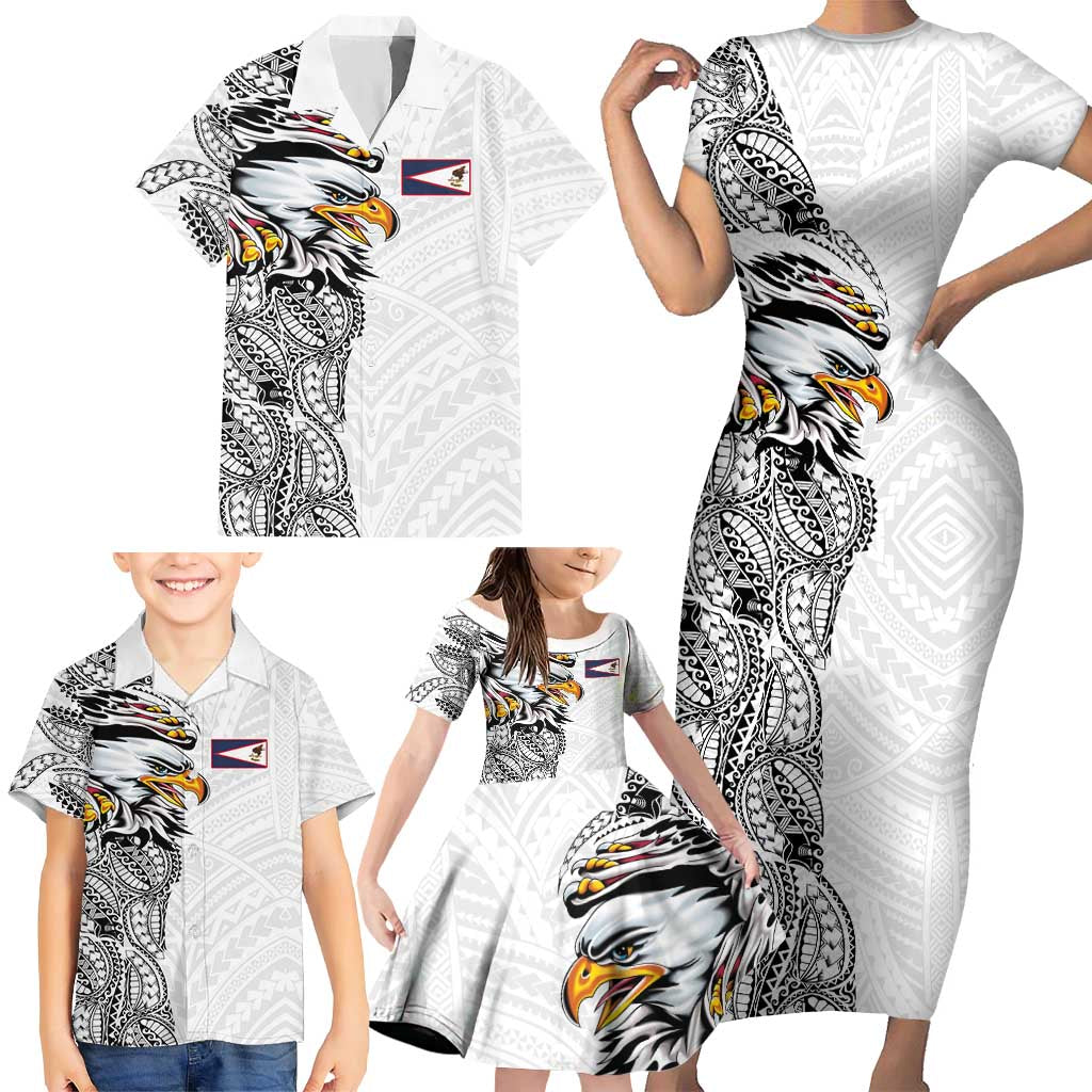 American Samoa Flag Day Family Matching Short Sleeve Bodycon Dress and Hawaiian Shirt Tribal Tattoo with Eagle White