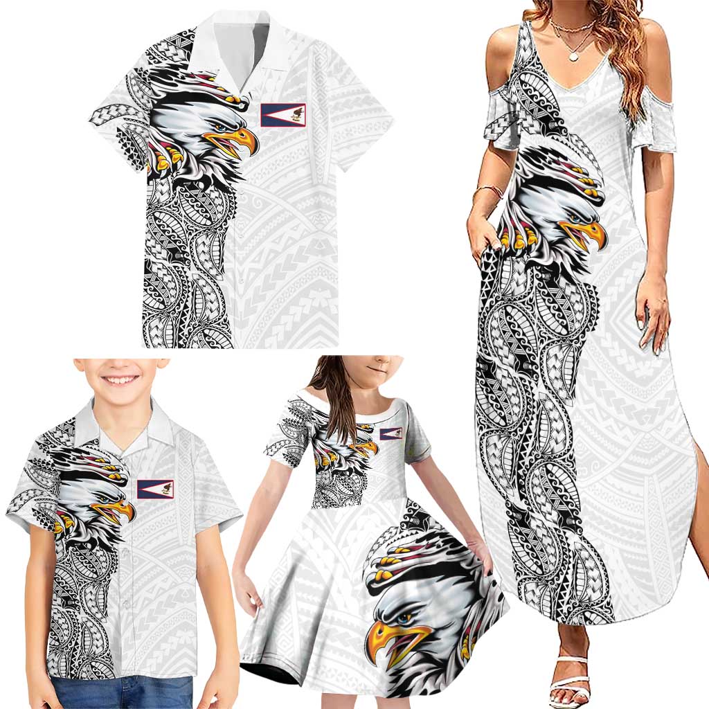 American Samoa Flag Day Family Matching Summer Maxi Dress and Hawaiian Shirt Tribal Tattoo with Eagle White