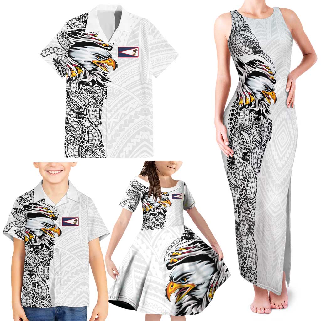 American Samoa Flag Day Family Matching Tank Maxi Dress and Hawaiian Shirt Tribal Tattoo with Eagle White