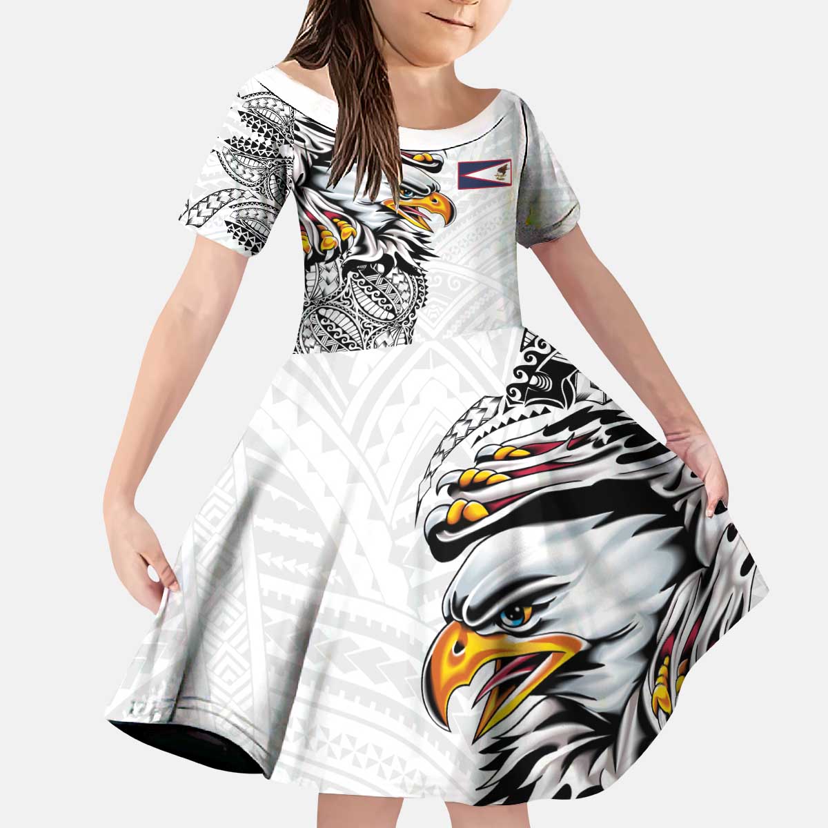 American Samoa Flag Day Kid Short Sleeve Dress Tribal Tattoo with Eagle White LT03 KID White - Polynesian Pride