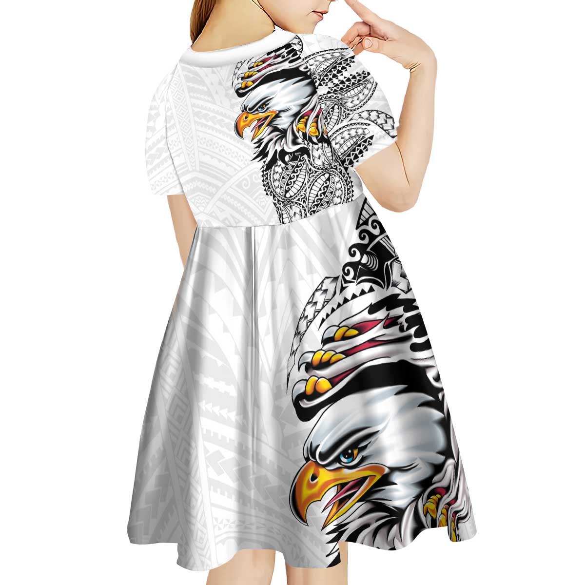 American Samoa Flag Day Kid Short Sleeve Dress Tribal Tattoo with Eagle White LT03 - Polynesian Pride