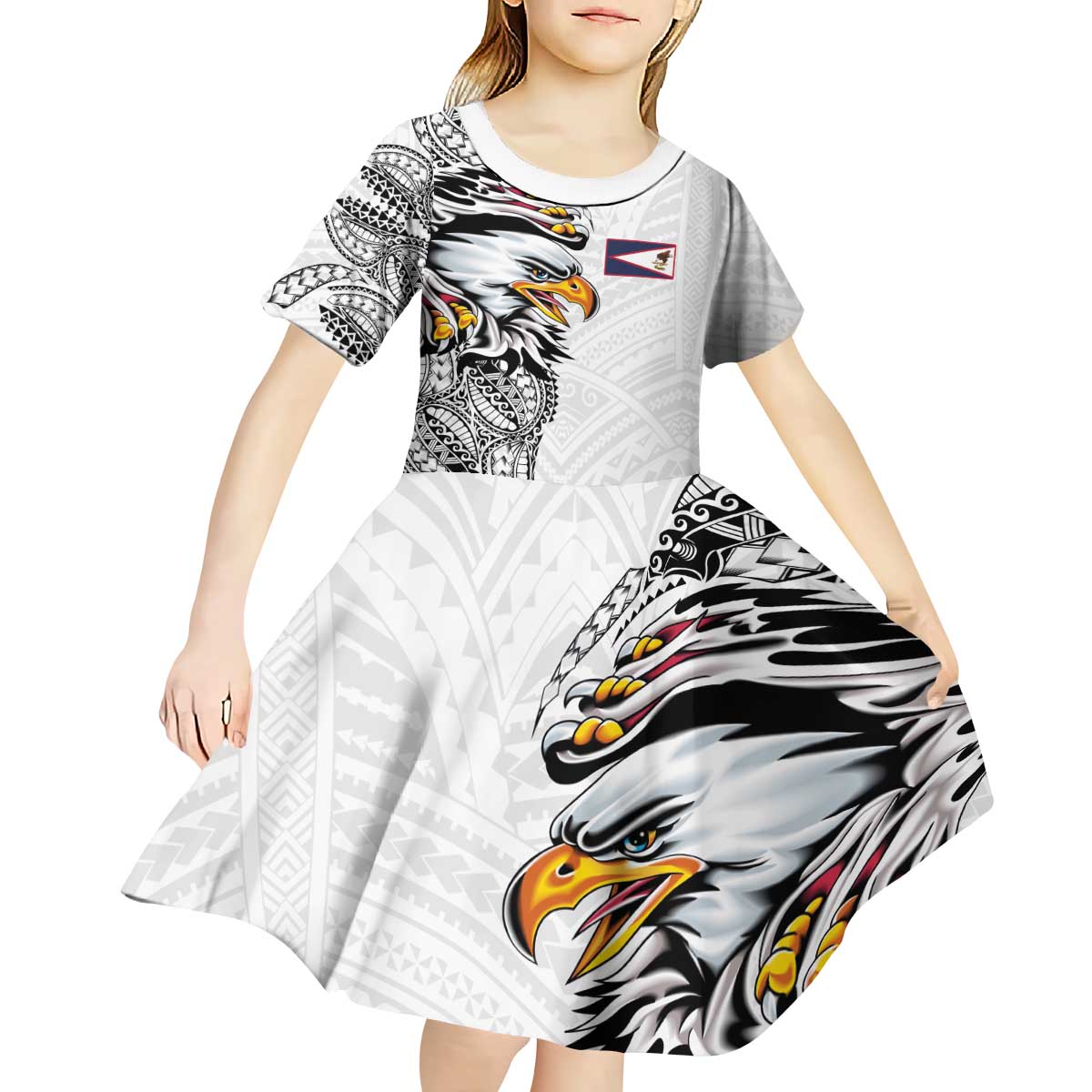 American Samoa Flag Day Kid Short Sleeve Dress Tribal Tattoo with Eagle White LT03 - Polynesian Pride