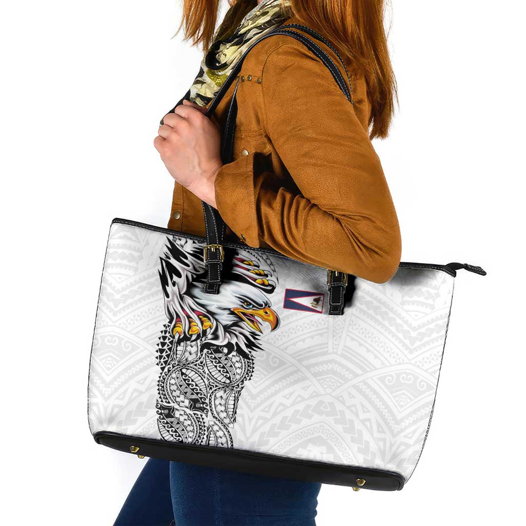 American Samoa Flag Day Leather Tote Bag Tribal Tattoo with Eagle White