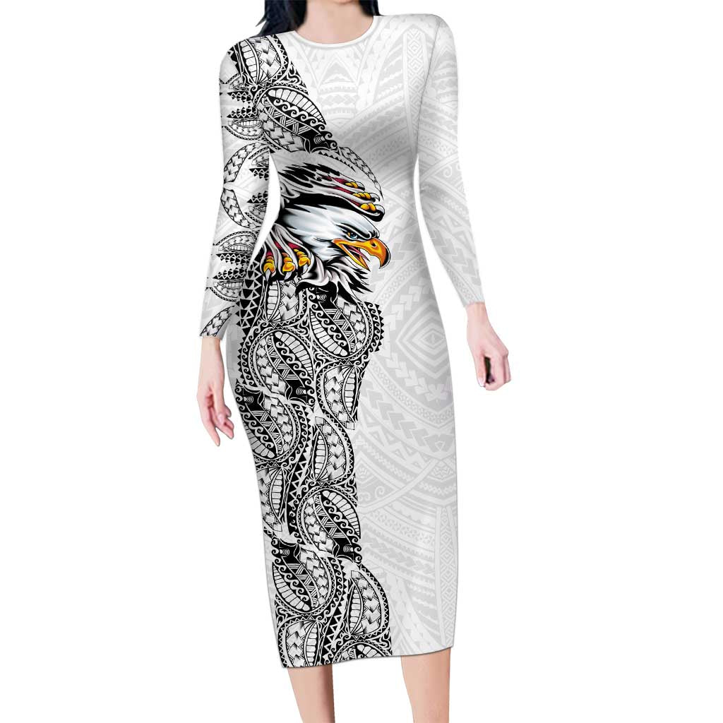 American Samoa Flag Day Long Sleeve Bodycon Dress Tribal Tattoo with Eagle White LT03 Long Dress White - Polynesian Pride