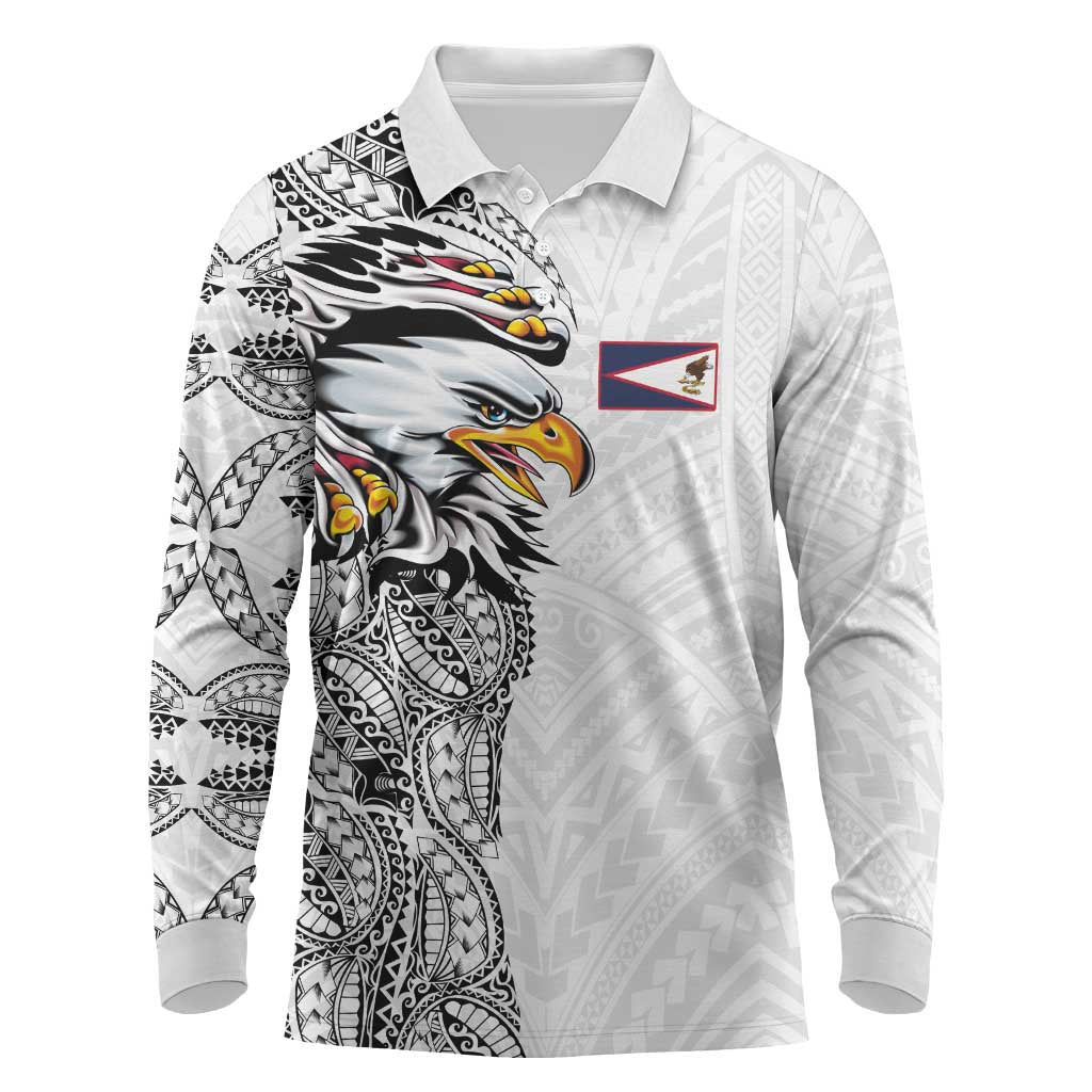 American Samoa Flag Day Long Sleeve Polo Shirt Tribal Tattoo with Eagle White