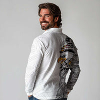 American Samoa Flag Day Long Sleeve Polo Shirt Tribal Tattoo with Eagle White