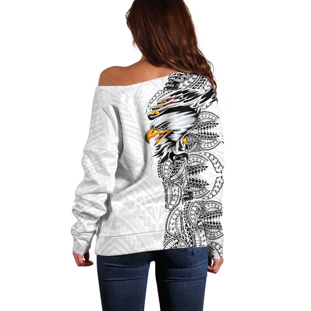 American Samoa Flag Day Off Shoulder Sweater Tribal Tattoo with Eagle White