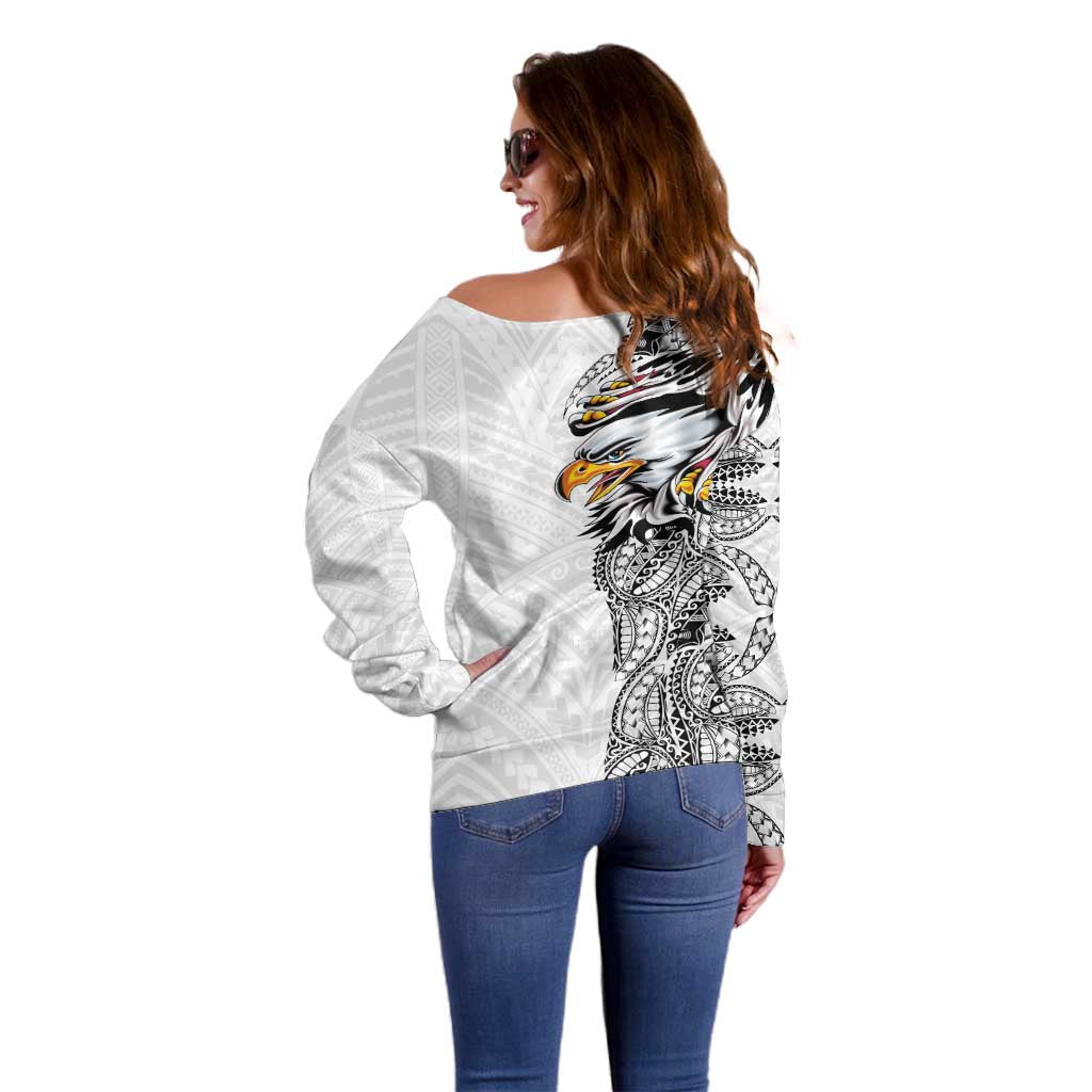 American Samoa Flag Day Off Shoulder Sweater Tribal Tattoo with Eagle White
