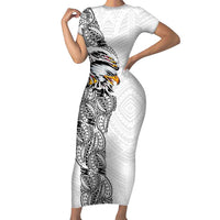American Samoa Flag Day Short Sleeve Bodycon Dress Tribal Tattoo with Eagle White LT03 Long Dress White - Polynesian Pride