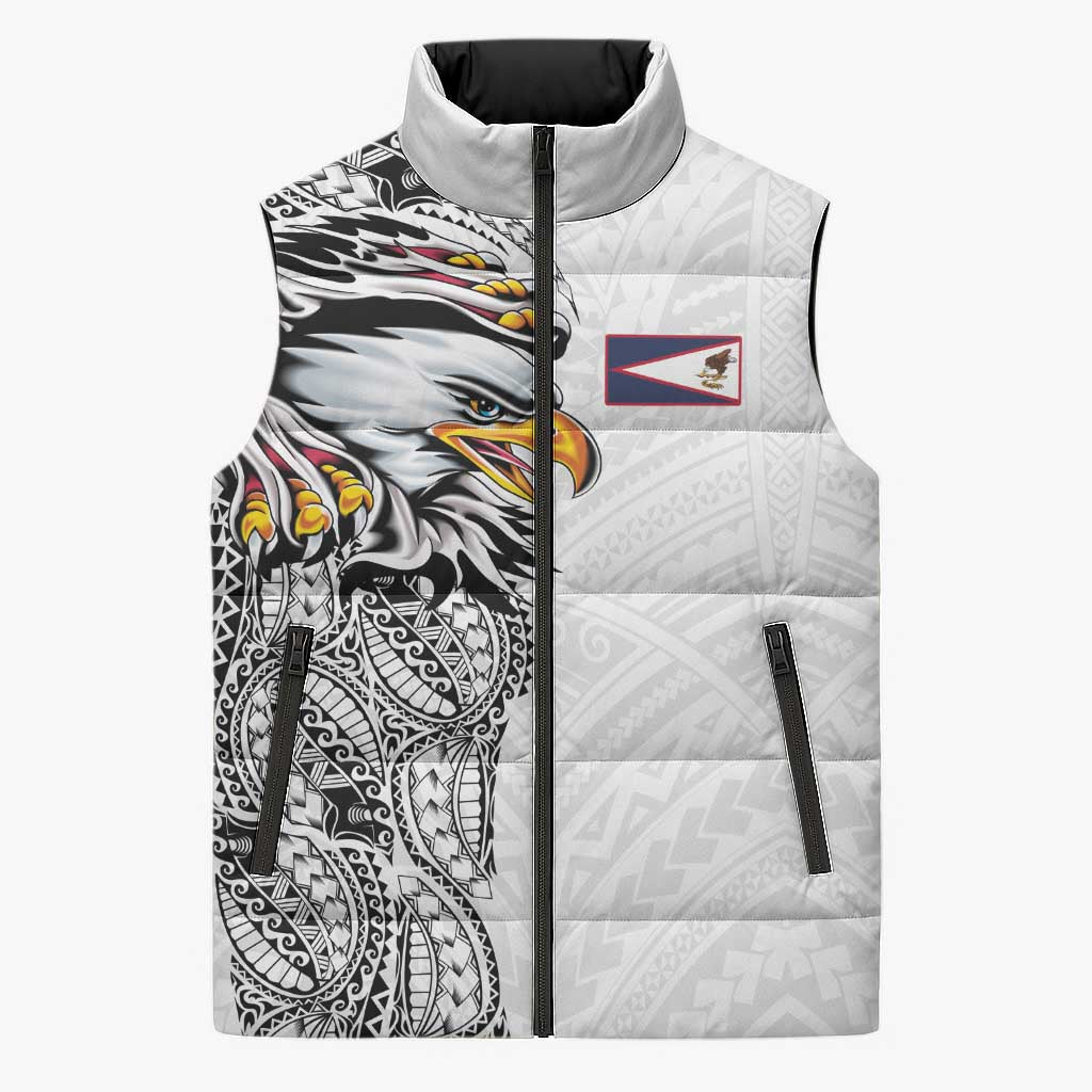 American Samoa Flag Day Sleeveless Puffer Jacket Tribal Tattoo with Eagle White