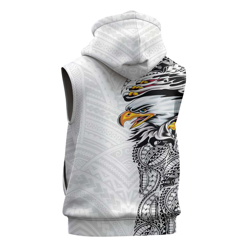 American Samoa Flag Day Sleeveless Zip Hoodie Tribal Tattoo with Eagle White