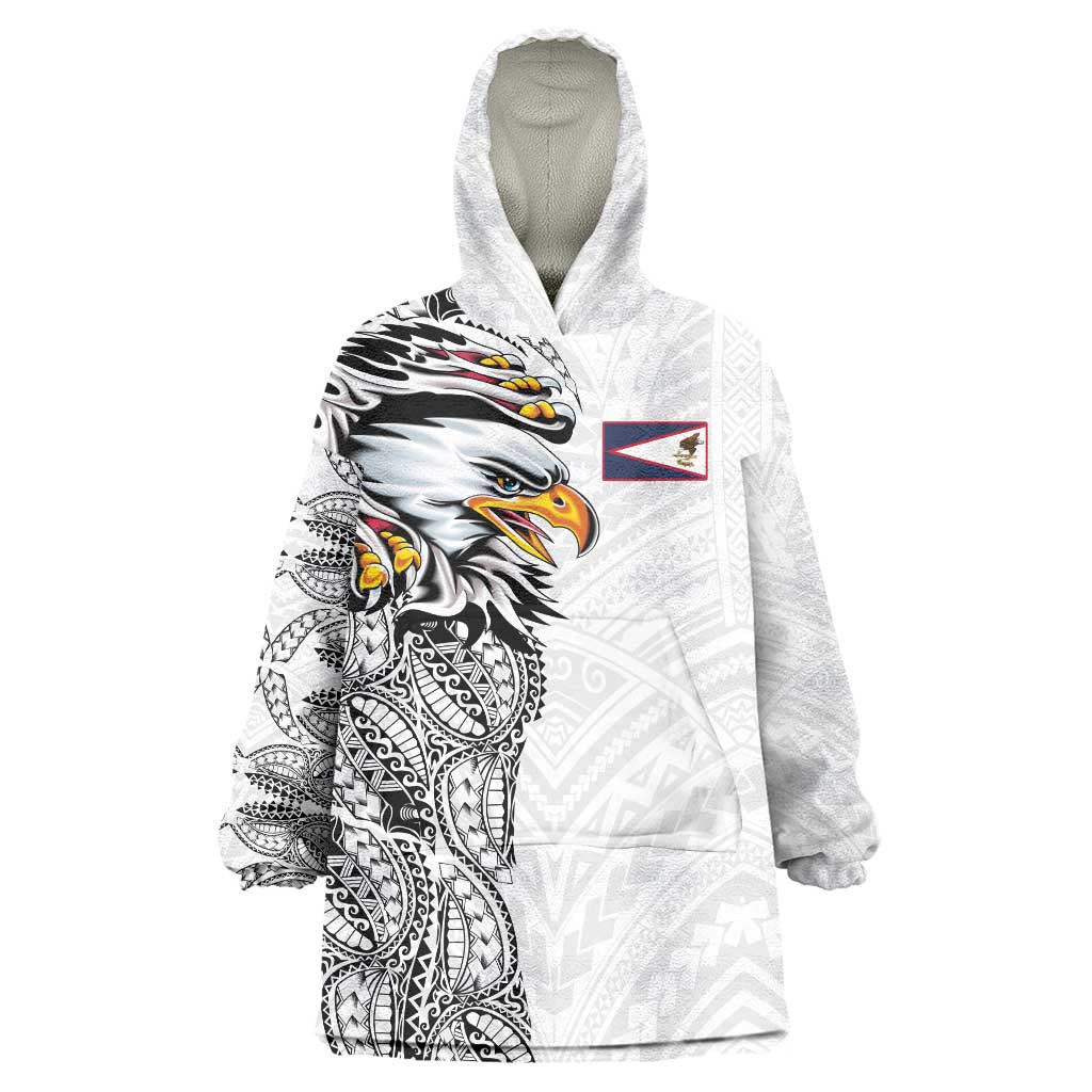 American Samoa Flag Day Wearable Blanket Hoodie Tribal Tattoo with Eagle White LT03 One Size White - Polynesian Pride