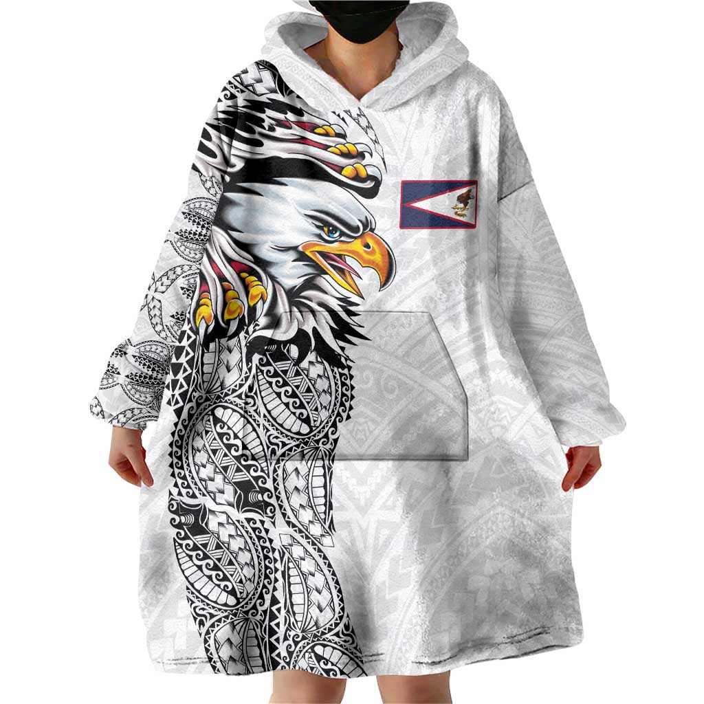 American Samoa Flag Day Wearable Blanket Hoodie Tribal Tattoo with Eagle White LT03 - Polynesian Pride