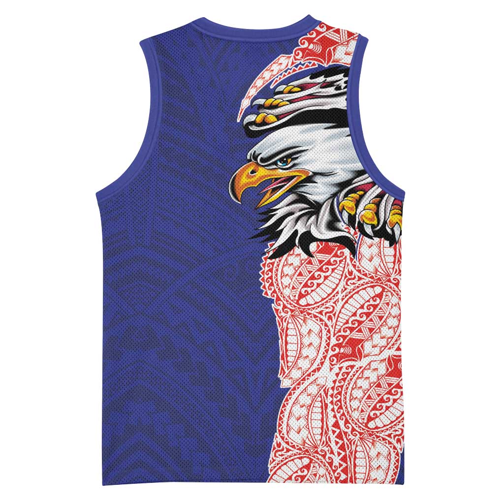American Samoa Flag Day Basketball Jersey Tribal Tattoo with Eagle Blue-Red