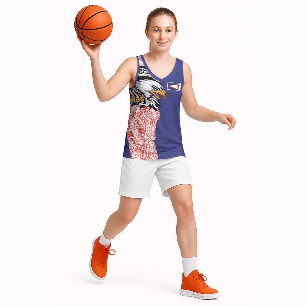 American Samoa Flag Day Basketball Jersey Tribal Tattoo with Eagle Blue-Red