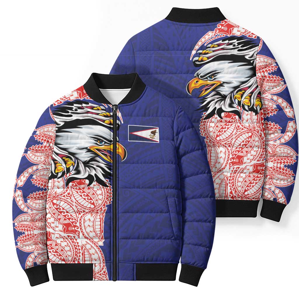 American Samoa Flag Day Bomber Puffer Jacket Tribal Tattoo with Eagle Blue-Red