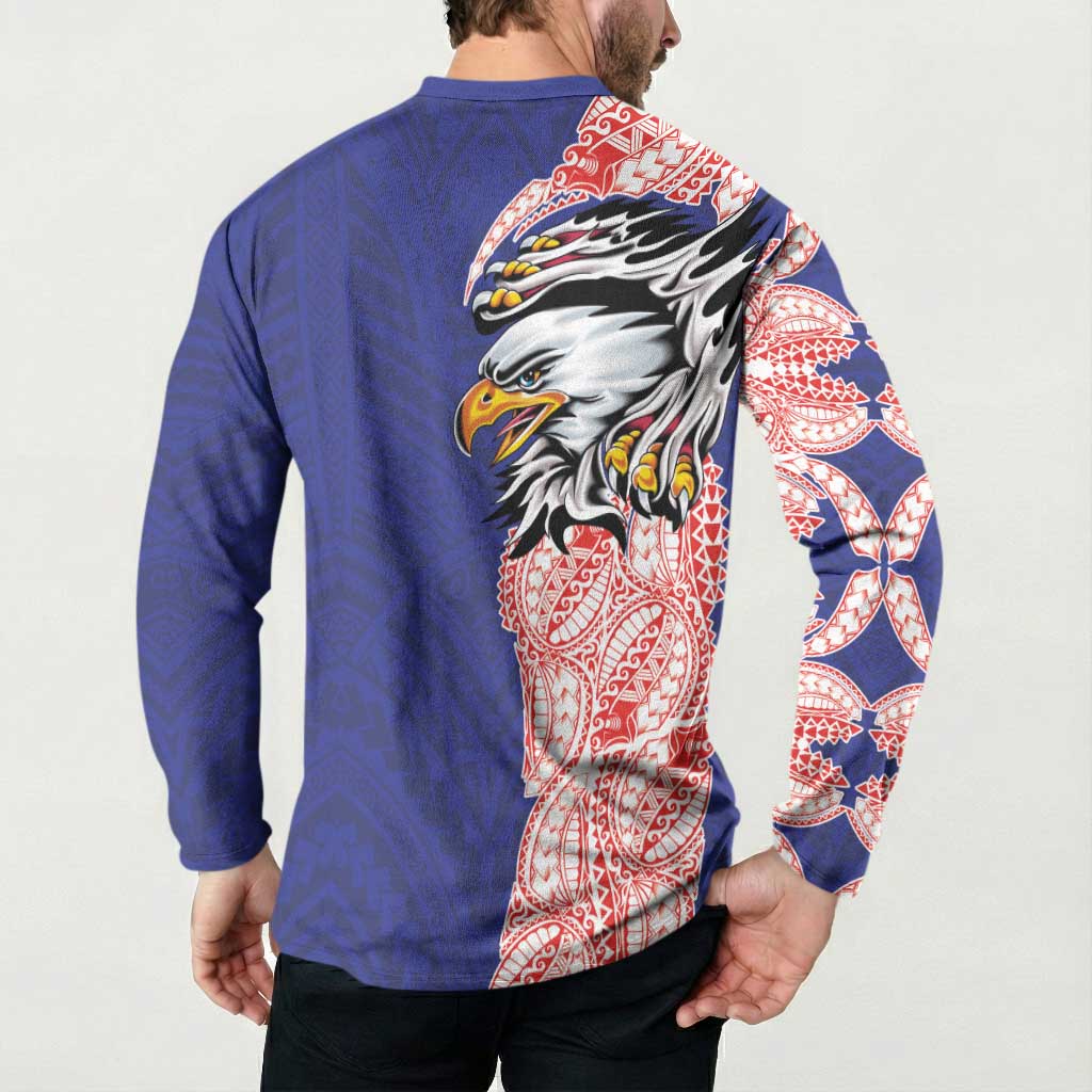 American Samoa Flag Day Button Sweatshirt Tribal Tattoo with Eagle Blue-Red