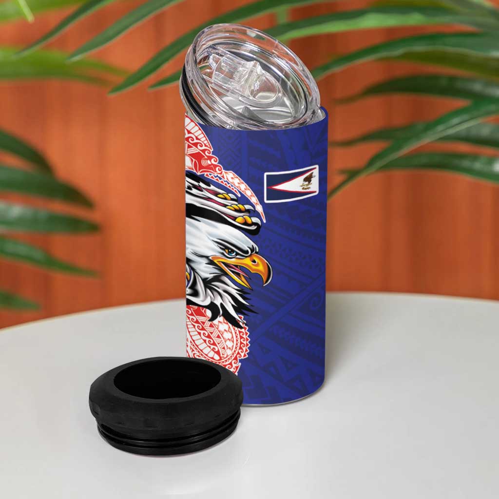 American Samoa Flag Day 4 in 1 Can Cooler Tumbler Tribal Tattoo with Eagle Blue-Red LT03 - Polynesian Pride