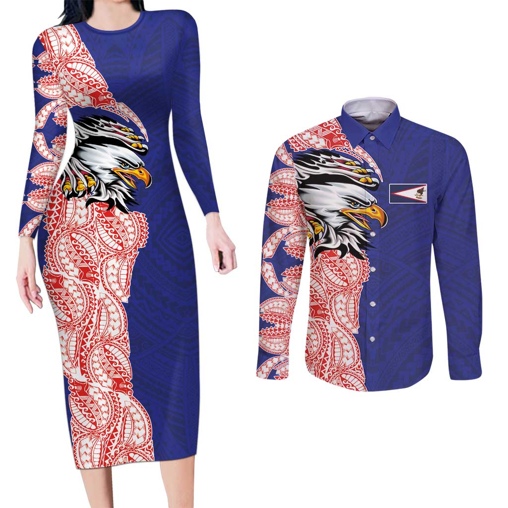 American Samoa Flag Day Couples Matching Long Sleeve Bodycon Dress and Long Sleeve Button Shirt Tribal Tattoo with Eagle Blue-Red