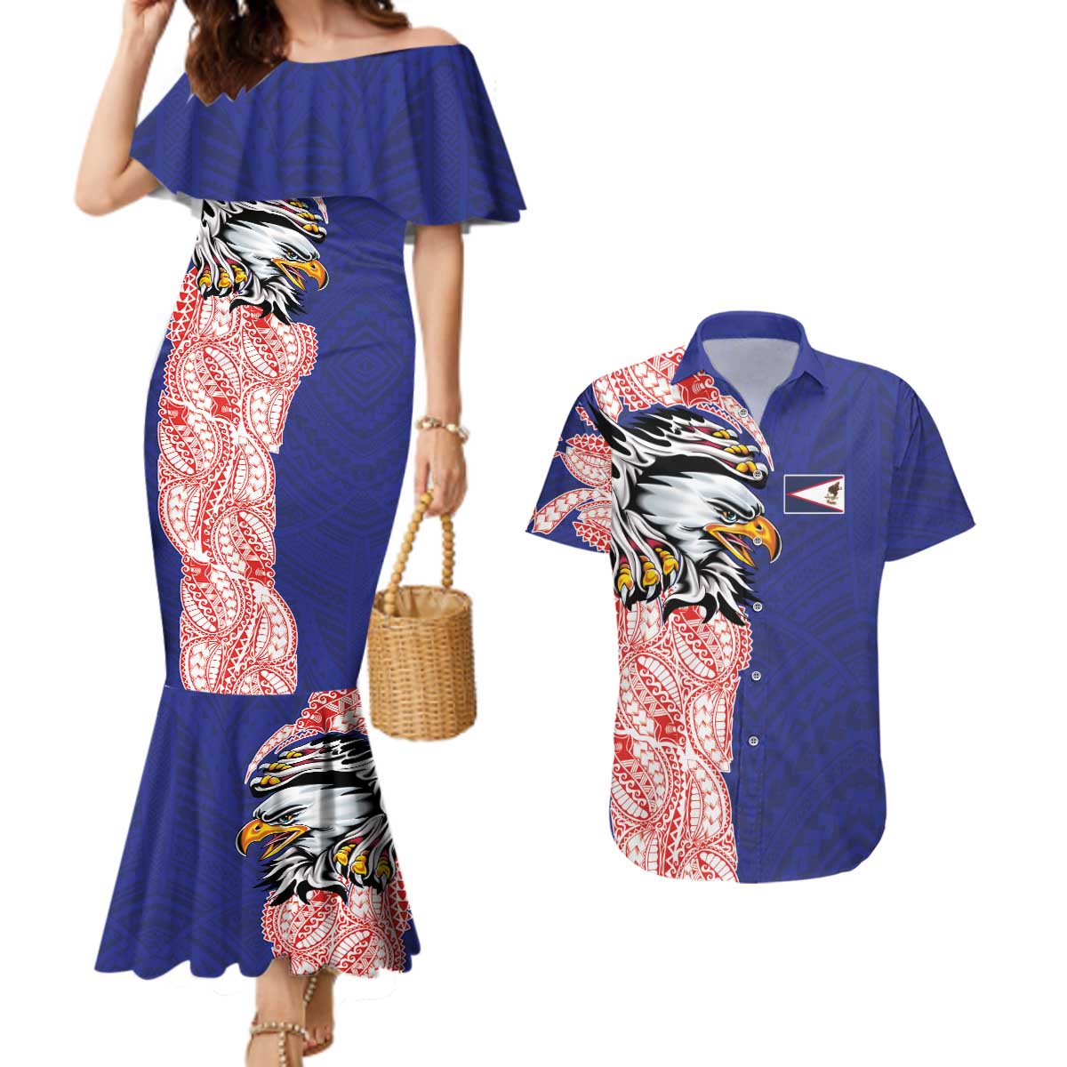 American Samoa Flag Day Couples Matching Mermaid Dress and Hawaiian Shirt Tribal Tattoo with Eagle Blue-Red