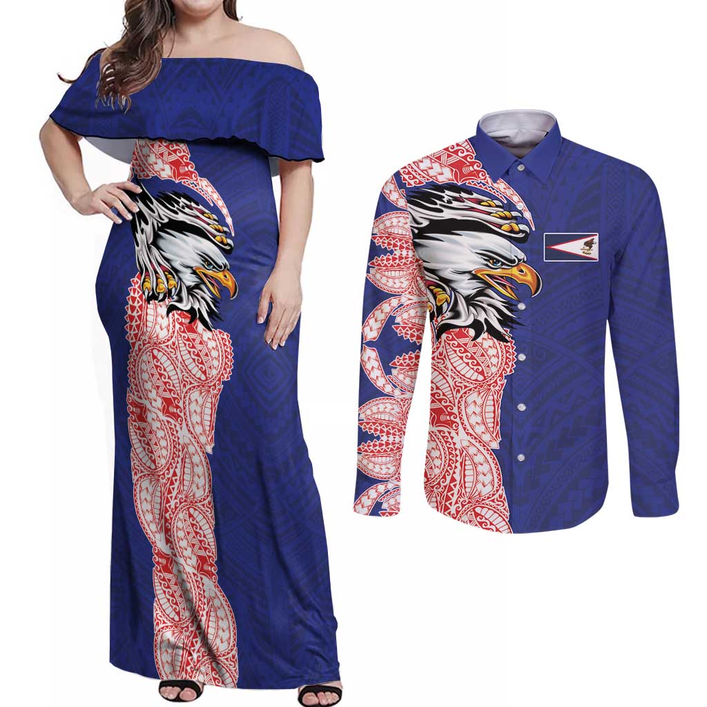 American Samoa Flag Day Couples Matching Off Shoulder Maxi Dress and Long Sleeve Button Shirt Tribal Tattoo with Eagle Blue-Red LT03 Blue - Polynesian Pride