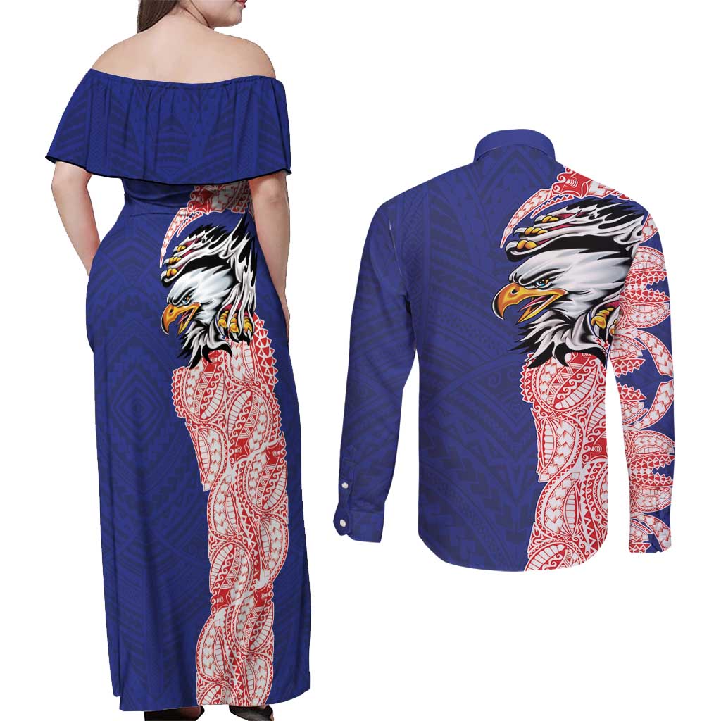 American Samoa Flag Day Couples Matching Off Shoulder Maxi Dress and Long Sleeve Button Shirt Tribal Tattoo with Eagle Blue-Red LT03 - Polynesian Pride