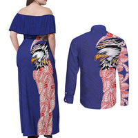 American Samoa Flag Day Couples Matching Off Shoulder Maxi Dress and Long Sleeve Button Shirt Tribal Tattoo with Eagle Blue-Red LT03 - Polynesian Pride