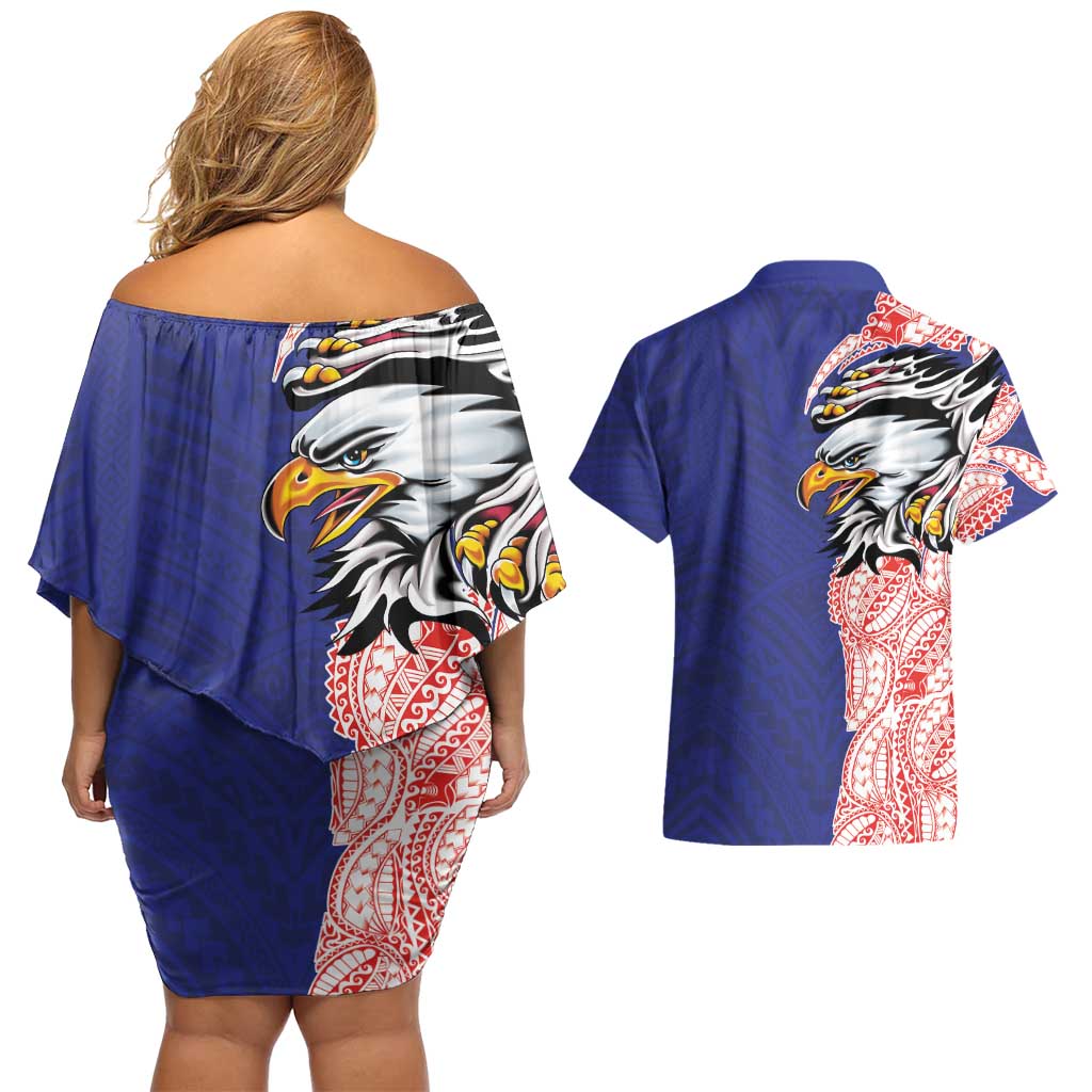 American Samoa Flag Day Couples Matching Off Shoulder Short Dress and Hawaiian Shirt Tribal Tattoo with Eagle Blue-Red