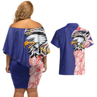 American Samoa Flag Day Couples Matching Off Shoulder Short Dress and Hawaiian Shirt Tribal Tattoo with Eagle Blue-Red