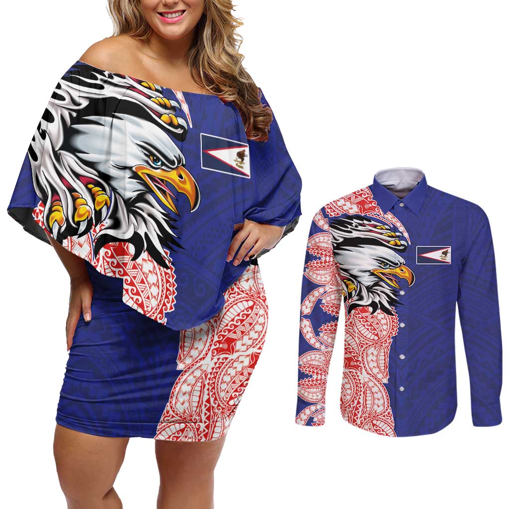 American Samoa Flag Day Couples Matching Off Shoulder Short Dress and Long Sleeve Button Shirt Tribal Tattoo with Eagle Blue-Red LT03 Blue - Polynesian Pride