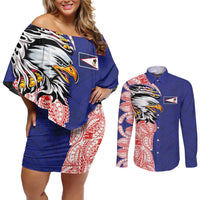 American Samoa Flag Day Couples Matching Off Shoulder Short Dress and Long Sleeve Button Shirt Tribal Tattoo with Eagle Blue-Red LT03 Blue - Polynesian Pride