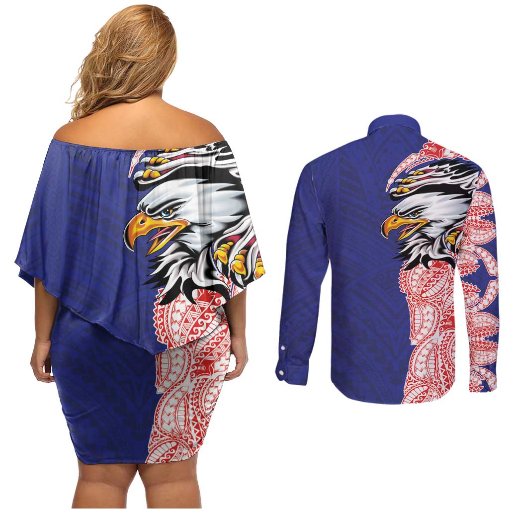 American Samoa Flag Day Couples Matching Off Shoulder Short Dress and Long Sleeve Button Shirt Tribal Tattoo with Eagle Blue-Red LT03 - Polynesian Pride