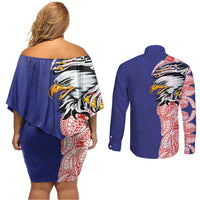 American Samoa Flag Day Couples Matching Off Shoulder Short Dress and Long Sleeve Button Shirt Tribal Tattoo with Eagle Blue-Red LT03 - Polynesian Pride