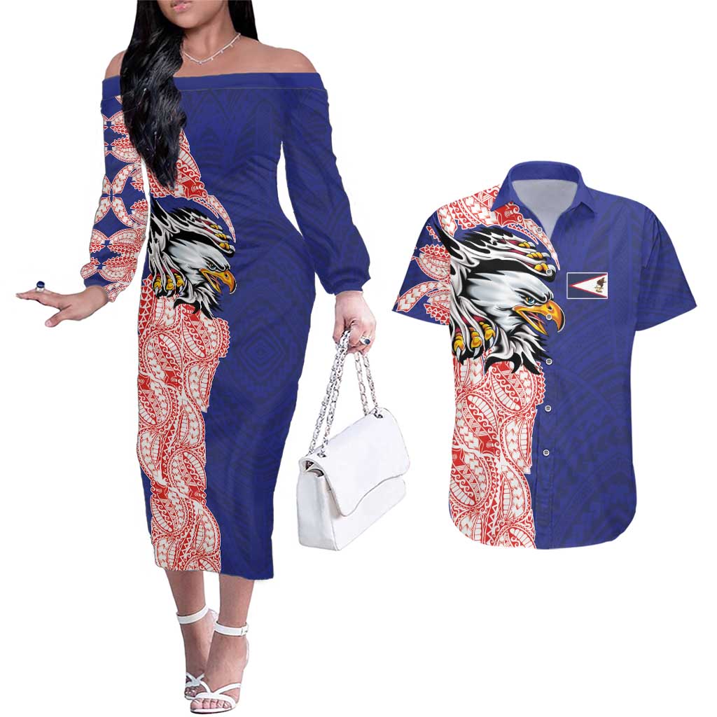 American Samoa Flag Day Couples Matching Off The Shoulder Long Sleeve Dress and Hawaiian Shirt Tribal Tattoo with Eagle Blue-Red