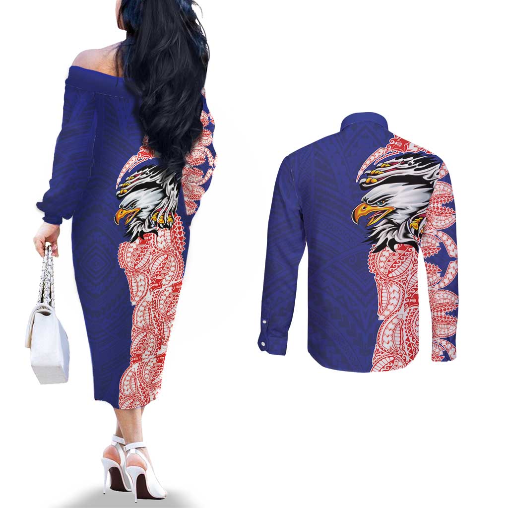 American Samoa Flag Day Couples Matching Off The Shoulder Long Sleeve Dress and Long Sleeve Button Shirt Tribal Tattoo with Eagle Blue-Red