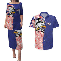 American Samoa Flag Day Couples Matching Puletasi and Hawaiian Shirt Tribal Tattoo with Eagle Blue-Red LT03 Blue - Polynesian Pride