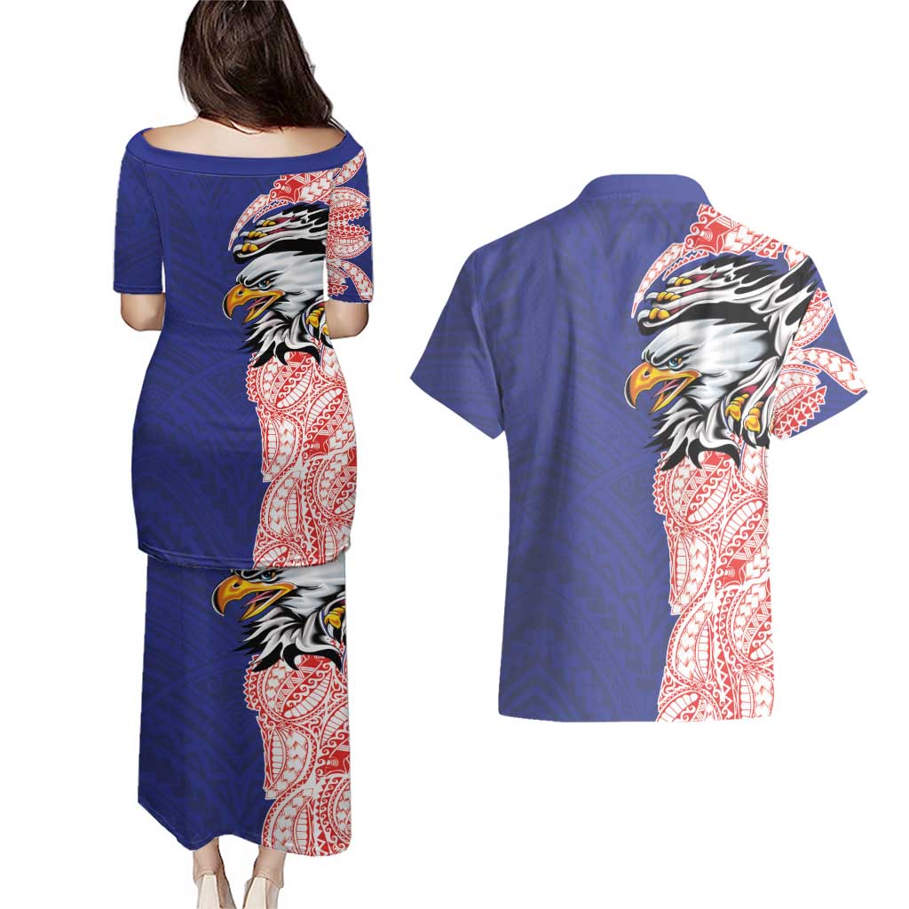 American Samoa Flag Day Couples Matching Puletasi and Hawaiian Shirt Tribal Tattoo with Eagle Blue-Red LT03 - Polynesian Pride