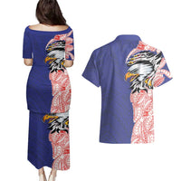 American Samoa Flag Day Couples Matching Puletasi and Hawaiian Shirt Tribal Tattoo with Eagle Blue-Red LT03 - Polynesian Pride
