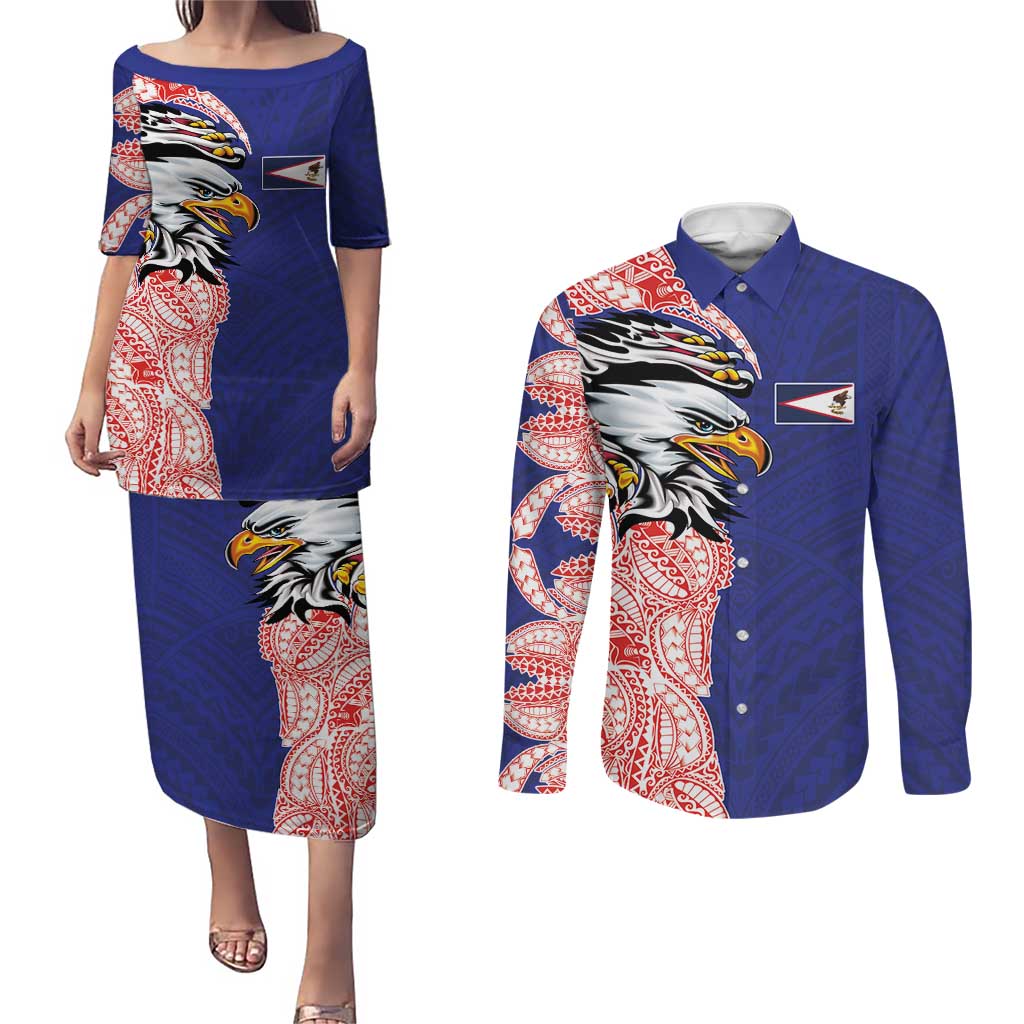 American Samoa Flag Day Couples Matching Puletasi and Long Sleeve Button Shirt Tribal Tattoo with Eagle Blue-Red