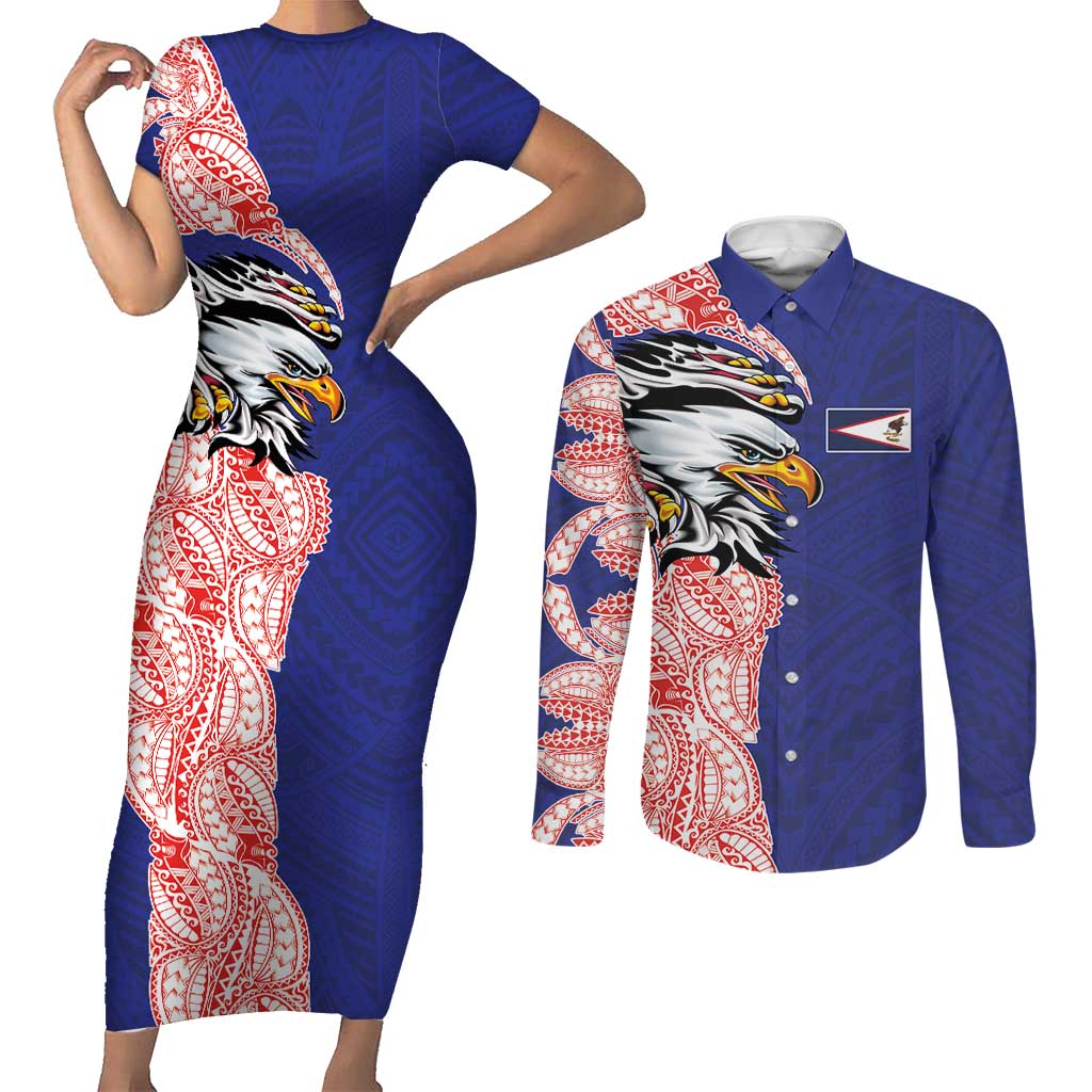 American Samoa Flag Day Couples Matching Short Sleeve Bodycon Dress and Long Sleeve Button Shirt Tribal Tattoo with Eagle Blue-Red