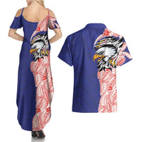 American Samoa Flag Day Couples Matching Summer Maxi Dress and Hawaiian Shirt Tribal Tattoo with Eagle Blue-Red LT03 - Polynesian Pride