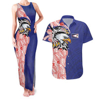 American Samoa Flag Day Couples Matching Tank Maxi Dress and Hawaiian Shirt Tribal Tattoo with Eagle Blue-Red