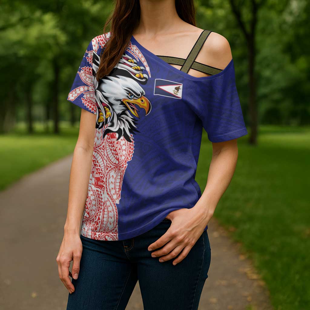 American Samoa Flag Day Cross Shoulder Shirt Tribal Tattoo with Eagle Blue-Red