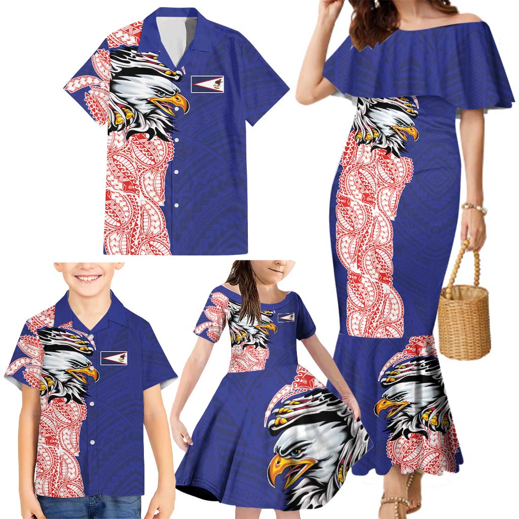 American Samoa Flag Day Family Matching Mermaid Dress and Hawaiian Shirt Tribal Tattoo with Eagle Blue-Red