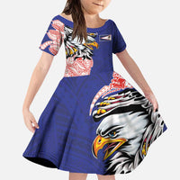 American Samoa Flag Day Family Matching Off The Shoulder Long Sleeve Dress and Hawaiian Shirt Tribal Tattoo with Eagle Blue-Red LT03 Daughter's Dress Blue - Polynesian Pride