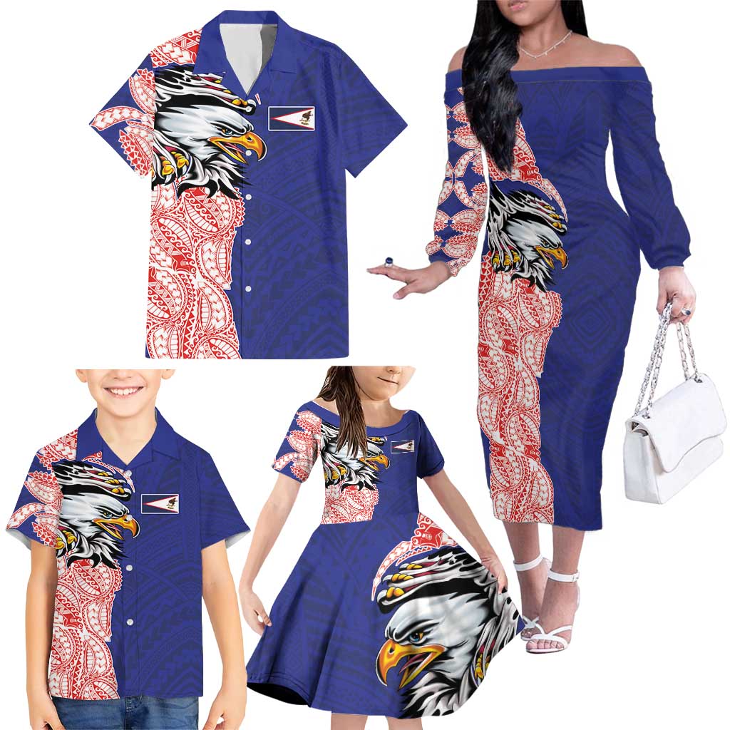 American Samoa Flag Day Family Matching Off The Shoulder Long Sleeve Dress and Hawaiian Shirt Tribal Tattoo with Eagle Blue-Red LT03 - Polynesian Pride