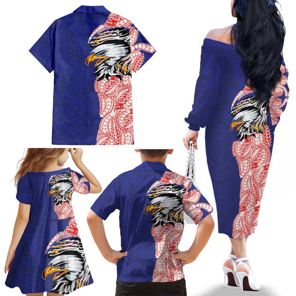American Samoa Flag Day Family Matching Off The Shoulder Long Sleeve Dress and Hawaiian Shirt Tribal Tattoo with Eagle Blue-Red LT03 - Polynesian Pride